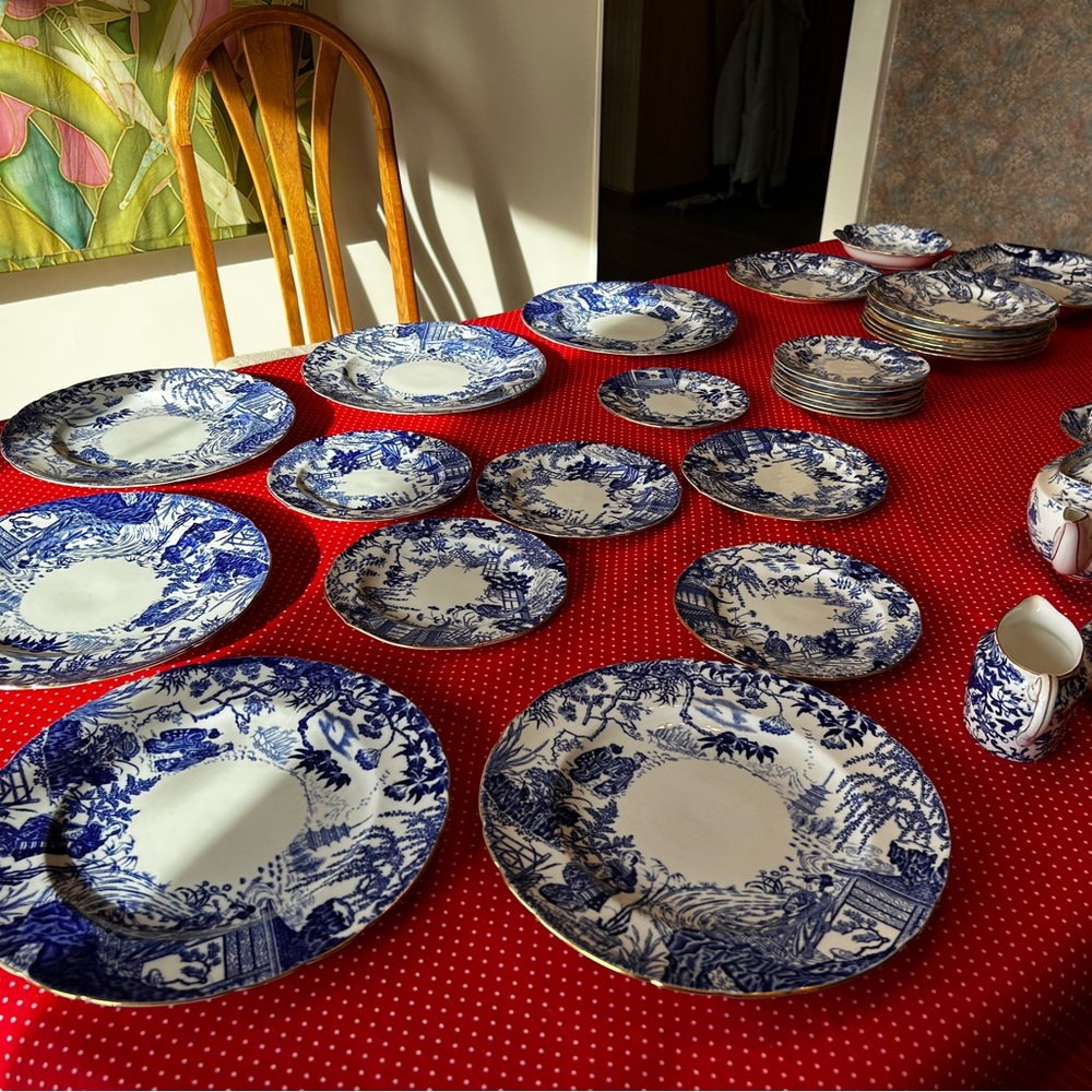 Royal Crown Derby Blue & White Dinnerware Collection in Mikado Pattern 39 pieces